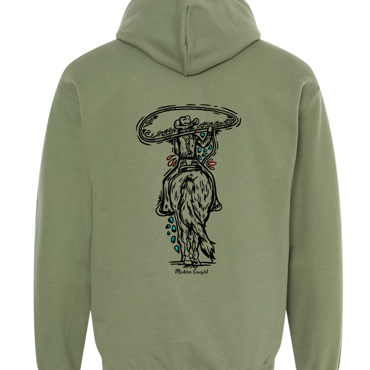 Green hoodie with a black graphic design on the back against a white background